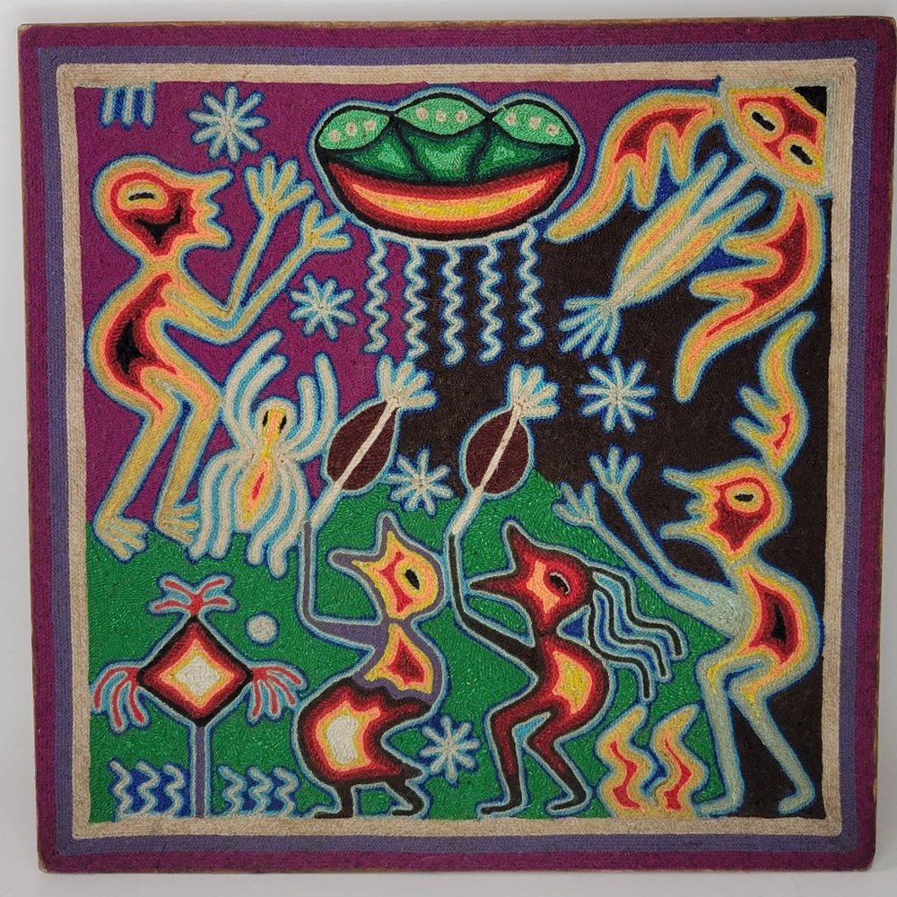 New. Yarn Painting of Huichol Family. Mexican Huichol Art. Handmade